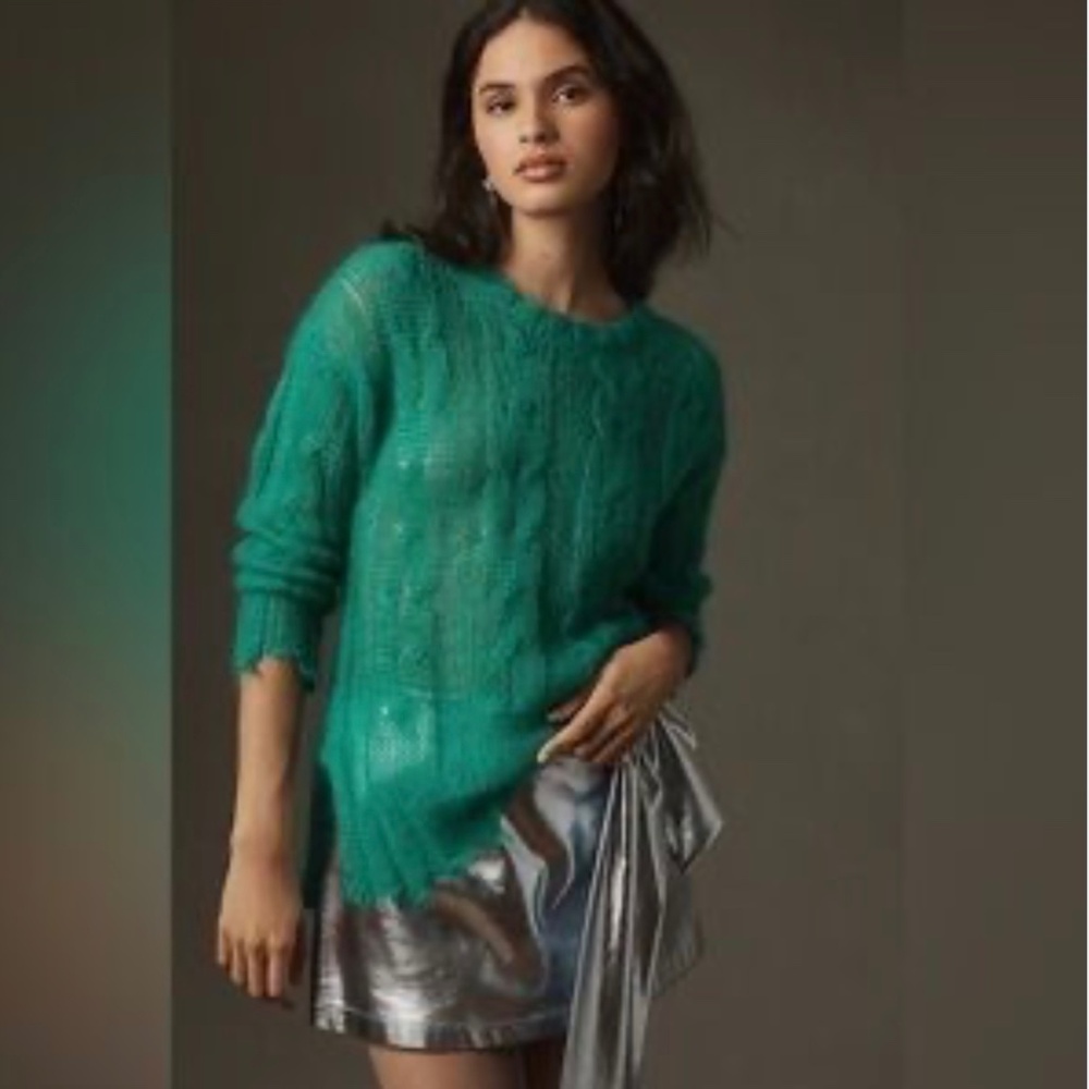 Anthropologie The Posey Stitchy Distressed  Sweater | Green | Made in Italy